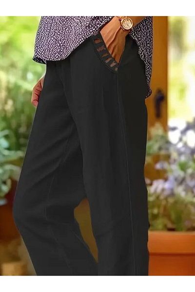 Viyamo Pantaloni de damă cu talie elastică, buzunar cu șireturi și detaliu guipură la capătul pantalonilor