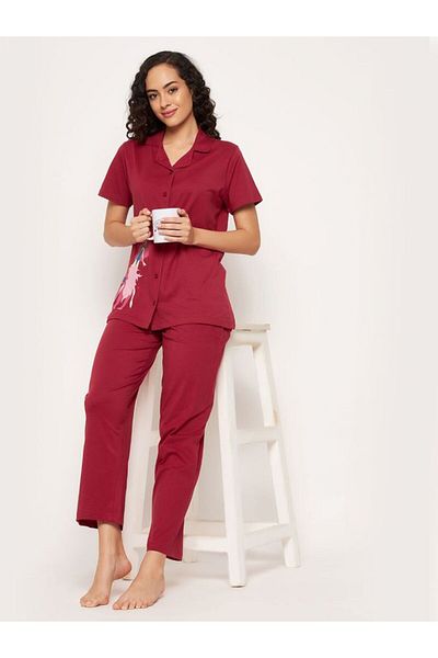iza Leo Print Button Down Night suit Set in Maroon – 100% Cotton