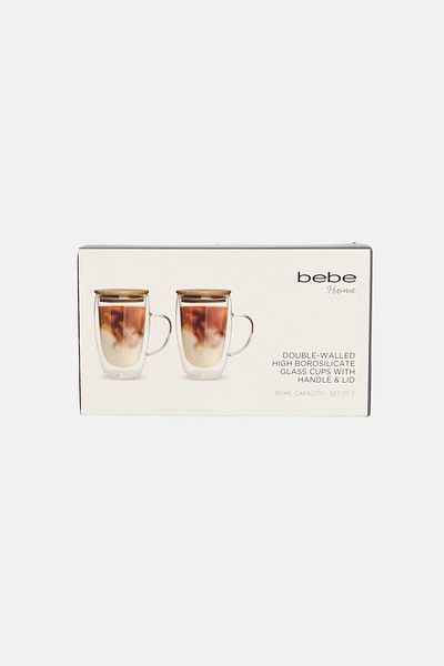 Bebe 2 Pieces Borosilicate Glass Cup With Handle And Lid 350 ml, Transparent