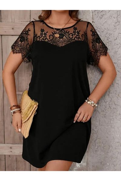 civetta Women's Short Sleeve Lace Crew Neck and Sleeve Lace Detailed Janjan Crepe Dress
