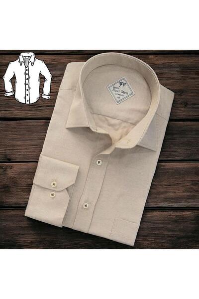 EREN STYLE Κλασικό λινό 100% βαμβακερό μακρυμάνικο πουκάμισο κρέμα με μονή τσ...