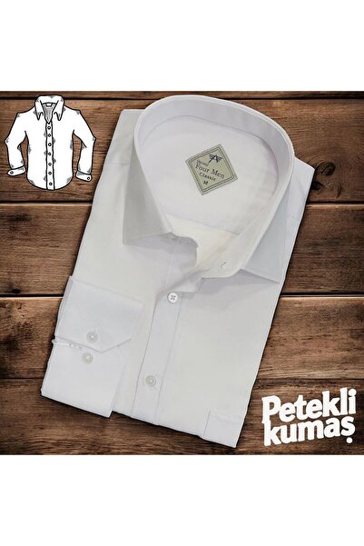 EREN STYLE Λινό Λινό Κλασικό 100% Βαμβακερό Μακρυμάνικο Λευκό Πουκάμισο με Μο...