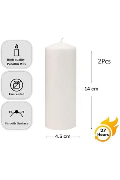 Goishtrie White Unscented Column Candles with Long Burn Time - Set of 2 (Diameter 4.5cm x Height 14cm)