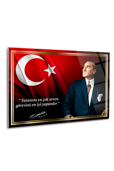 Shiny Art Atatürk “Vatanını En Çok Seven” Cam Tablo – Türk Bayrağı ve Sözlü M...