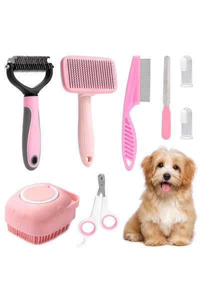Choice M Pink 8-piece dog brush grooming set, pet self-cleaning set, with pet nail clippers and files, flea