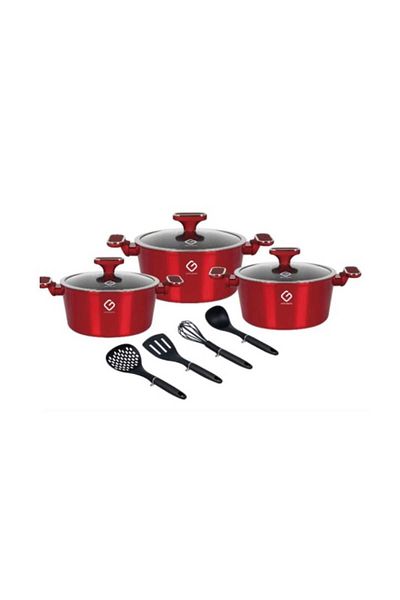 OEM Set 2 x 3 Aluminum Pots with Glass Lids and 4 Utensils, Red, Compatible with Induction Stove, Grunbe