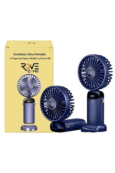 RoveZone Ventilator Ultra Portabil, 3 in 1, De Mana, De Birou, De Gat, 5 Trepte de Viteza, Pliabil, cu Ecran