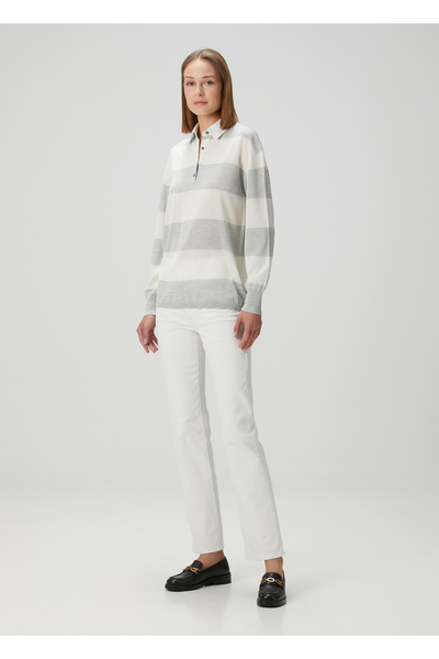 THEORY Gri Çizgili İpek Sweatshirt