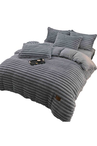 OEM Double Bed Set with Elastic from Artificial Rabbit Fur Velvet, 4 Pieces, MS STAR, Light Grey