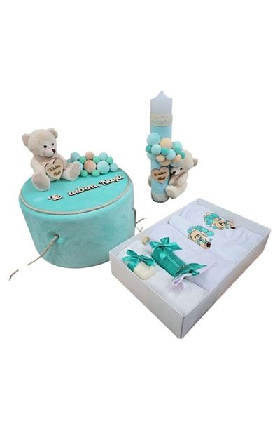 OEM Set elegant pentru botez cu cutie și lumânare - Te Iubim, Nasii, decor din dantelă turcoaz