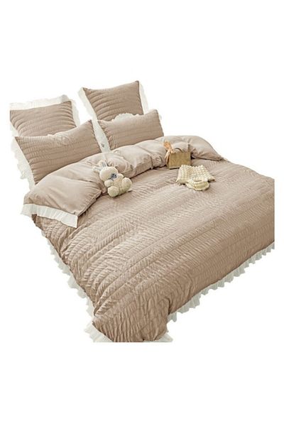 OEM Lenjerie de pat, Creponata, pat dublu, Bumbac, 6 piese pentru 2 persoane, Bej