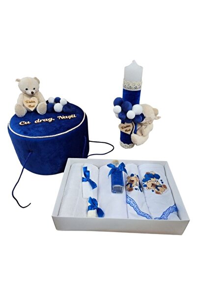 OEM Set elegant trusou botez, cutie trusou si lumanare, Cu Drag Nasu, Decor dantela Albastru