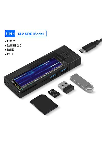 Kebidumei موزع USB-C طراز M.2 SSD أسود 5 في 1 مع وظيفة تخزين القرص لـ M.2 NVMe SATA NGFF SSD Type C HU