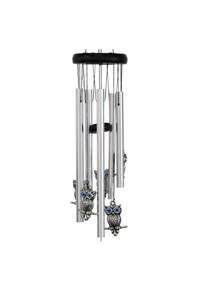 PUFO Wind chime with 5 metal sound tubes for home or garden, Feng-Shui model with 6 owls,