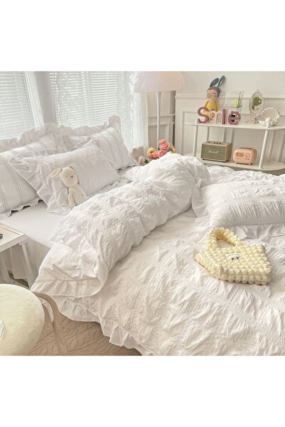 JOJO HOME Double Bed Crinkled Bedding Set, Fine Cotton, 6 Pieces, White, 230x250 cm