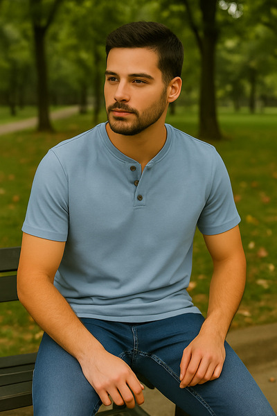 LACİVERTMEN 2124 Henley T-shirt Καφέ με λεπτομέρεια με κουμπιά Basic Casual T-shirt