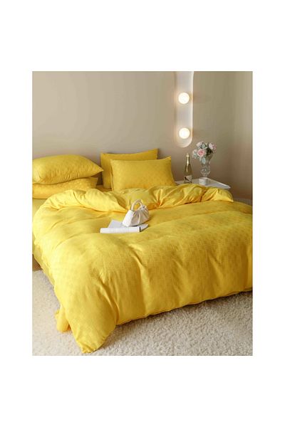 JOJO HOME Set Bed Linen, Jojo Home, JQF13, Premium Jacquard Cotton, Uni, Double Bed, 6 Pieces, Intense Yellow