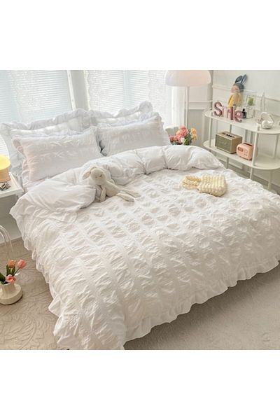 JOJO HOME Double Bed Crinkled Bedding Set, Fine Cotton, 6 Pieces, White, 230x250 cm