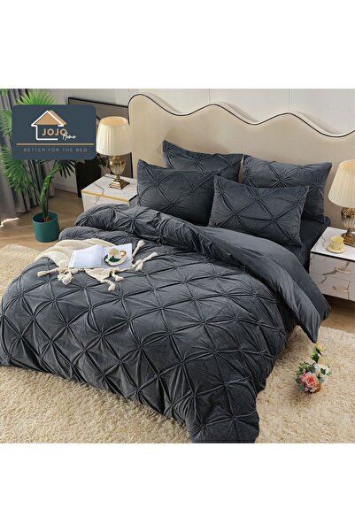 OEM Double Bed Set, Velvet, 4 Pieces, Dark Grey, Elastic