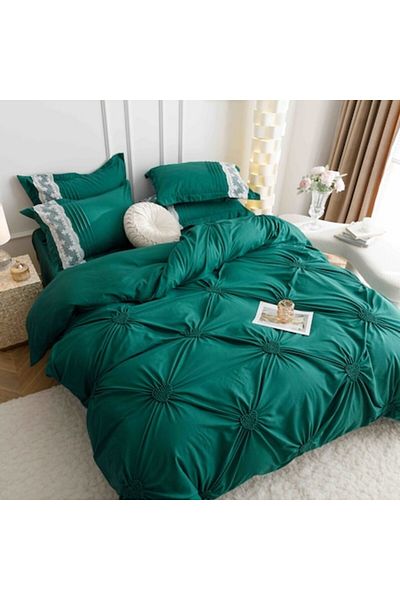 JOJO HOME Plain bedding set with lace and heart-shaped pleats, emerald green