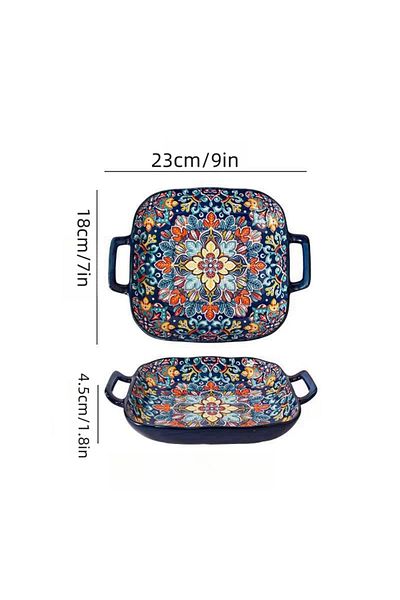 Choice 9 inches DEEP BLUE 1 piece of 9-inch Bohemian style salad plate with double ear ceramic pasta dish,