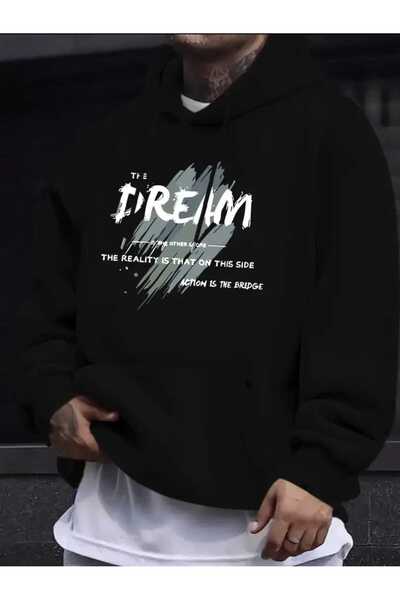 caddekombin The Dream Bridge Baskılı Kapüşonlu Cepli İçi Yünlü Siyah Sweatshirt