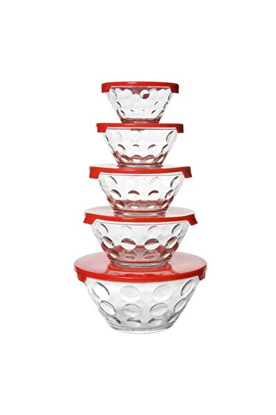 OEM Set of 5 glass bowls, plastic lids Grunberg - GR336 Red