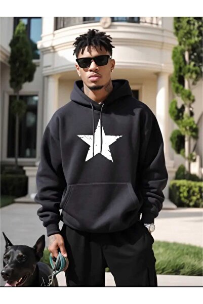 caddekombin A Big Star Baskılı Kapüşonlu Cepli Pamuklu Siyah Sweatshirt