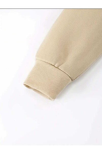 caddekombin İki Çizgi Peace Baskılı Kapüşonlu Cepli İçi Yünlü Bej Sweatshirt