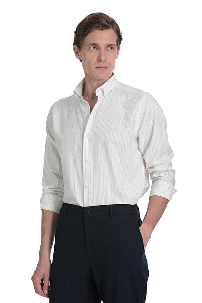 Hatemoğlu Тъмносиня риза с удобна кройка, с ревери с копчета, от памук и лен, с дълги ръкави