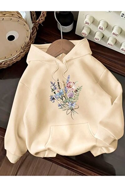 caddekombin Mini Flower Bouquet Printed Hooded Pocket Cotton Beige Sweatshirt