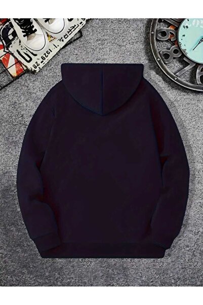 caddekombin Get Jinxed Graffiti Printed Hooded Pocket Inside Wool Navy Blue Sweatshirt