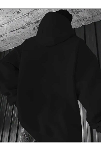 caddekombin The Dream Bridge Baskılı Kapüşonlu Cepli İçi Yünlü Siyah Sweatshirt
