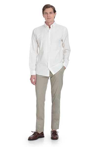 Hatemoğlu Cream Comfort Fit Striped Button Collar Cotton-Linen Long Sleeve Shirt