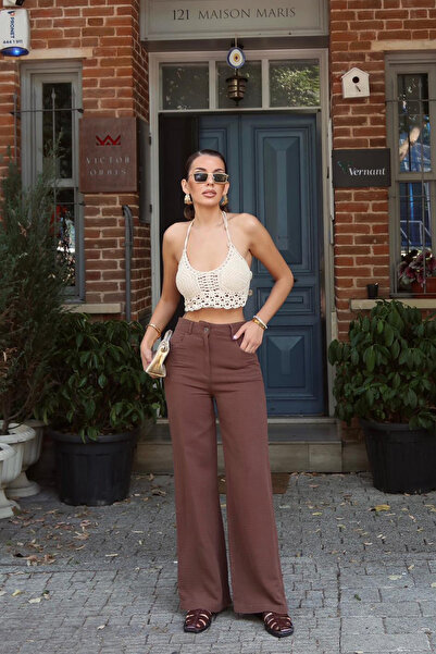 VAGGON Kadın Kahverengi Beş Cepli Bol Paça Müslin Pantolon Vs00674