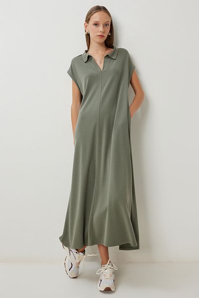 Lovelyİstanbul Rochie modală cu buzunar cu guler polo LDZ0038 KHAKI