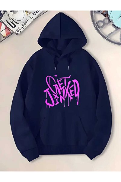 caddekombin Get Jinxed Graffiti Printed Hooded Pocket Inside Wool Navy Blue Sweatshirt