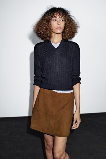 Massimo Dutti Dikişli süet napa deri mini etek