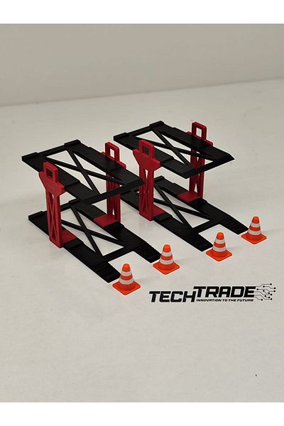 Tech Trade 1/64 Scale Diorama 2 Vehicle Lift 2Pcs Black-Red + 4Pcs Pontoon