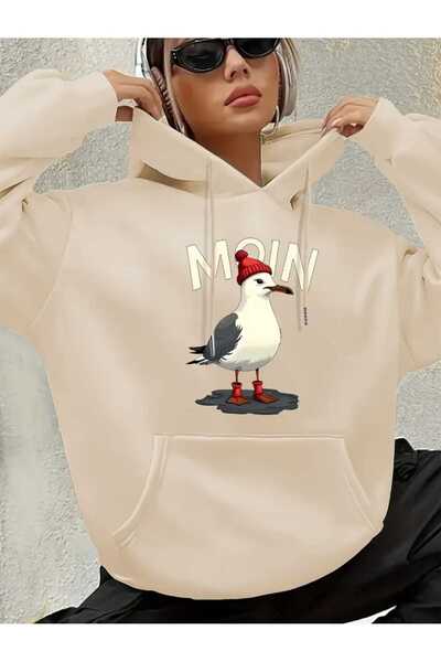 caddekombin Moin Printed Hooded Pocket Beige Sweatshirt with Wool Inside