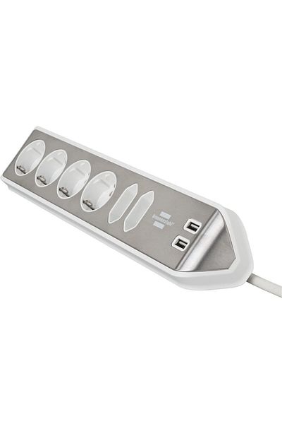 Brennenstuhl Prelungitor pentru perete colt Estilo 6 prize, 2 USB, 3.1 A, 2m Inox, Adeziv inclu