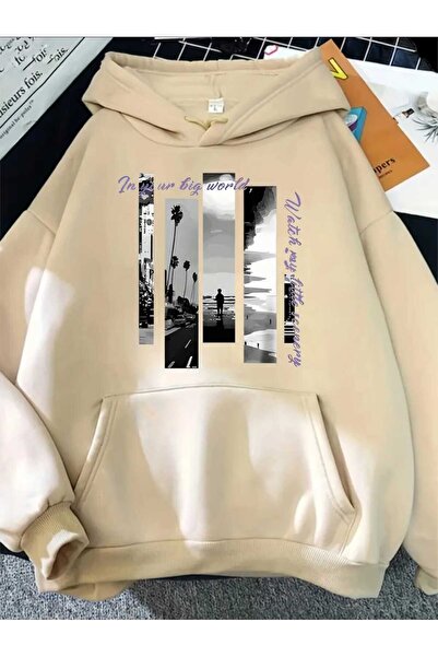 caddekombin Μπλουζάκι με κουκούλα Big Wolt με στάμπα, με τσέπες και εσωτερικό μάλλινο μπεζ φούτερ