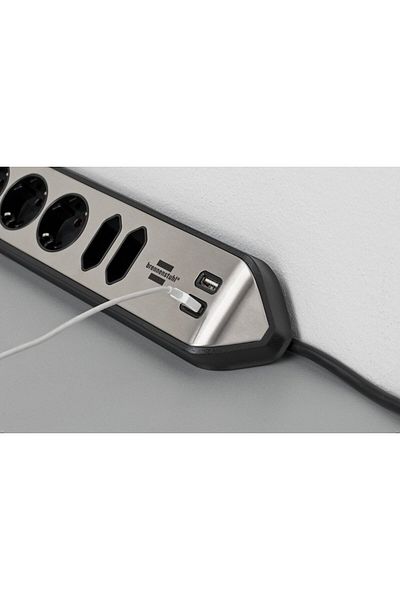 Brennenstuhl Prelungitor pentru perete colt Estilo 6 prize, 2 USB, 3.1 A, 2m Inox, Adeziv inclu