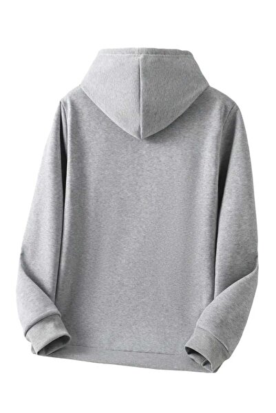 caddekombin Pink Desen Baskılı Kapüşonlu Cepli Pamuklu Gri Sweatshirt