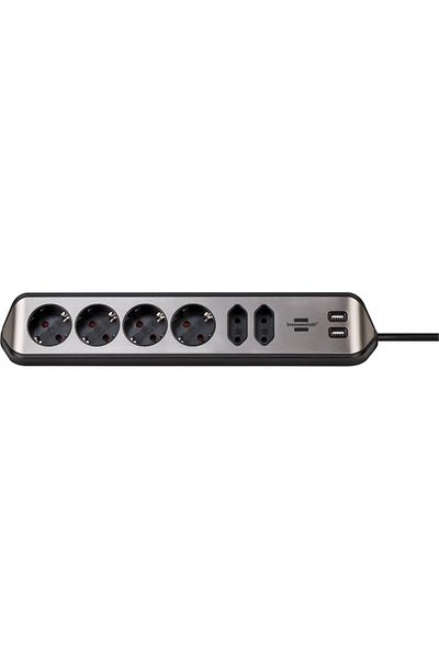 Brennenstuhl Prelungitor pentru perete colt Estilo 6 prize, 2 USB, 3.1 A, 2m Inox, Adeziv inclu