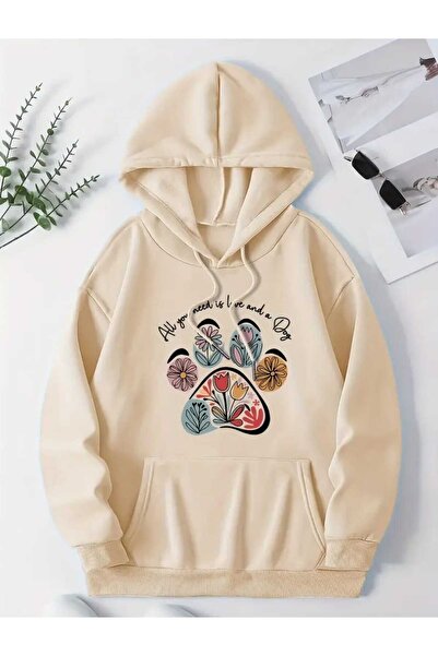 caddekombin Hanorac cu glugă din bumbac bej cu imprimeu floral și buzunare