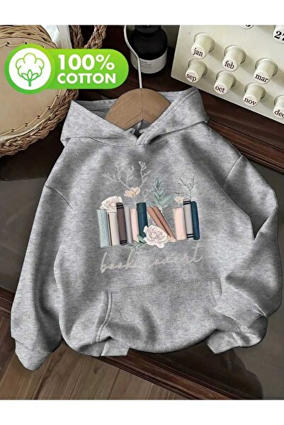 caddekombin Booktrovert Printed Hooded Pocket Cotton Gray Sweatshirt