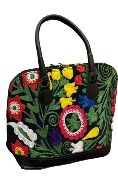 Anatolia Elegant Embroidered Hand-Sewn Bag, Leather and Velvet, Black Multicolor, 30x24 cm