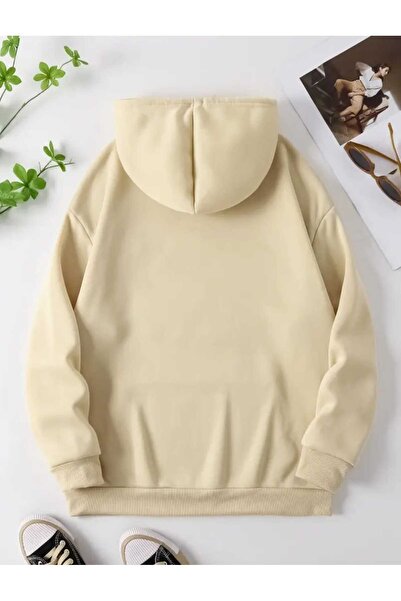 caddekombin Mini Flower Bouquet Printed Hooded Pocket Cotton Beige Sweatshirt