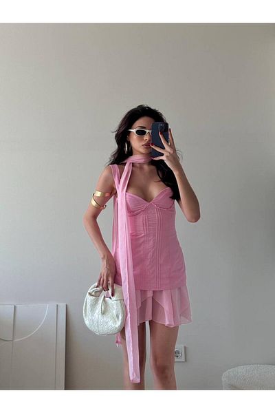 LOCH BUTİK Rochie mini pentru femei din șifon roz cu eșarfă cu nervuri